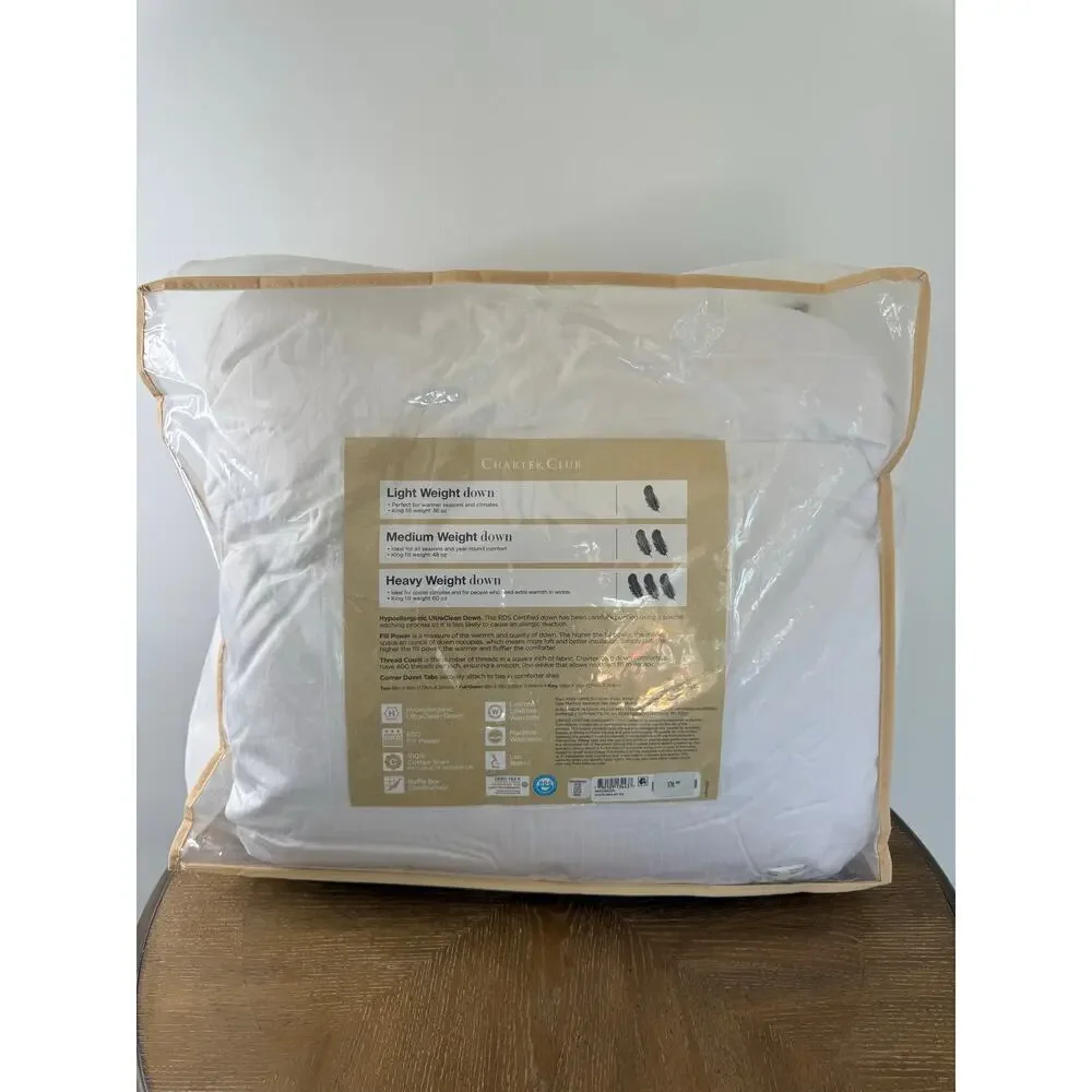 Charter Club Premium White Down Comforter King Medium Weight 600 Fill Power RDS